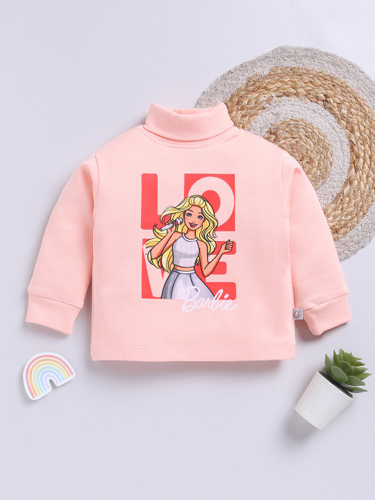 TINYO Infant Girls Barbie Printed High Neck Pure Cotton T-Shirt (Peach, Pack of 1)