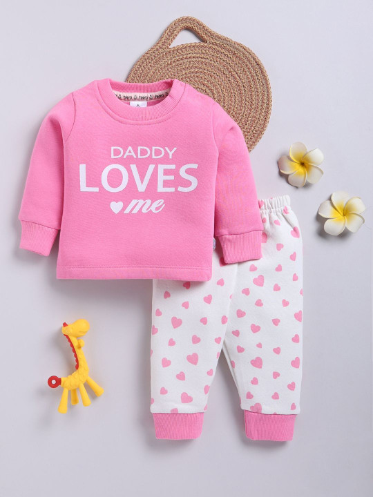 TINYO Infant Girls Printed Sweatshirt & Pyjamas Set (Pink, Pack of 1)
