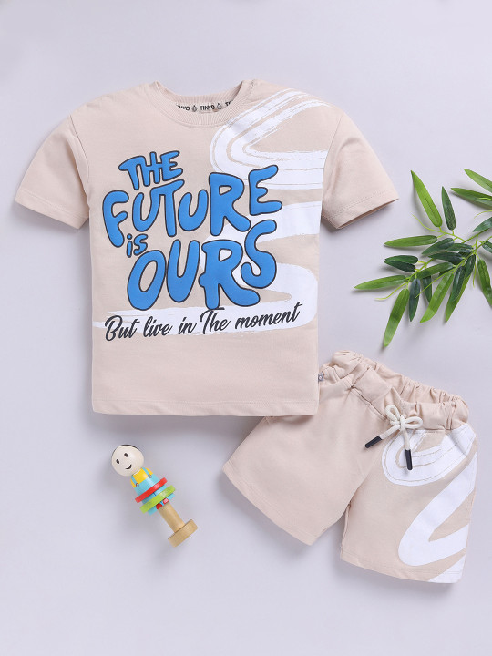 Tinyo Typography Printed Pure Cotton T-Shirt & Shorts Set For Boys (Beige, Pack Of 1)