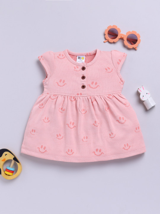 Tinyo Girls Printed Flutter Sleeve A-Line Cotton Blend Dress (Peach, Pack Of 1)