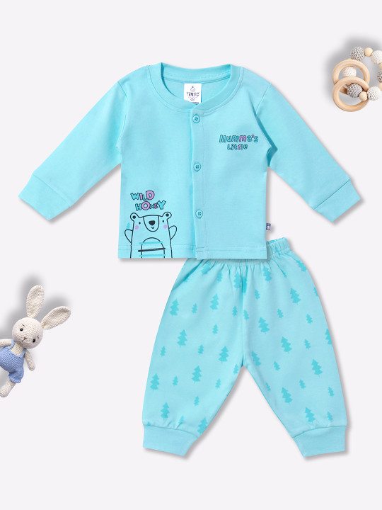 Tinyo Infant Boys Printed Cotton Blend T-Shirt & Joggers Set (Blue, Pack Of 1)