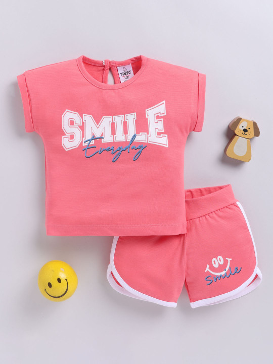 Tinyo Infant Girls Typography Printed Pure Cotton Top & Shorts Set (Coral, Pack Of 1)