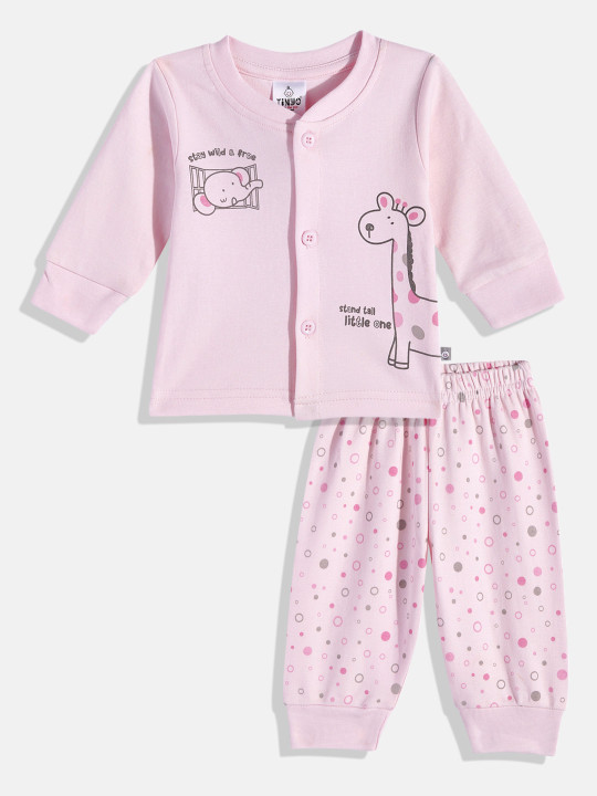 Tinyo Infant Girls Printed Cotton Blend Shirt & Joggers Set (Pink & Grey, Pack Of 1)