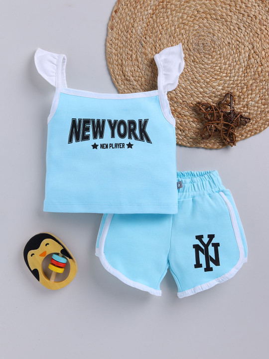 TINYO Girls Printed Pure Cotton Top with Shorts (Blue, Pack of 1)