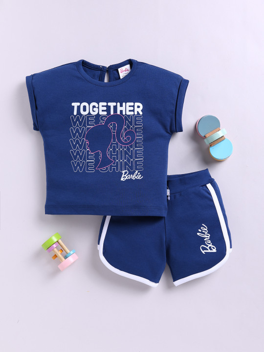 Tinyo Barbie Printed Pure Cotton T-Shirt & Shorts Set For Girls (Navy Blue, Pack Of 1)