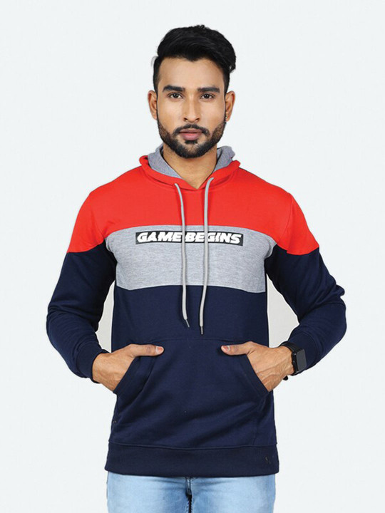 GAME BEGINS Men Colourblocked Hooded Fleece Pullover Sweatshirt (Red, Pack of 1)