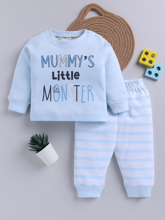 TINYO Infant Boys Typography Printed Sweatshirt and Joggers Set (Blue, Pack of 1)