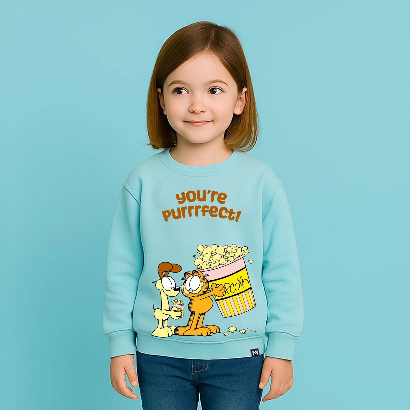 MINUTE MIRTH Girls Garfield Printed Fleece Full Sleeve Sweatshirt (Sky Blue, Pack Of 1)