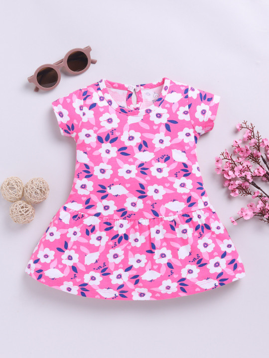 Tinyo Floral Printed Cotton Fit & Flare Dress For Infant Girls (Pink, Pack Of 1)