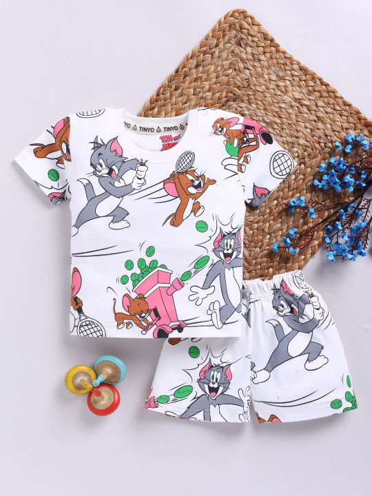 Tinyo Tom & Jerry Printed Pure Cotton T-Shirt & Shorts Set For Infant Boys (Off White, Pack Of 1)