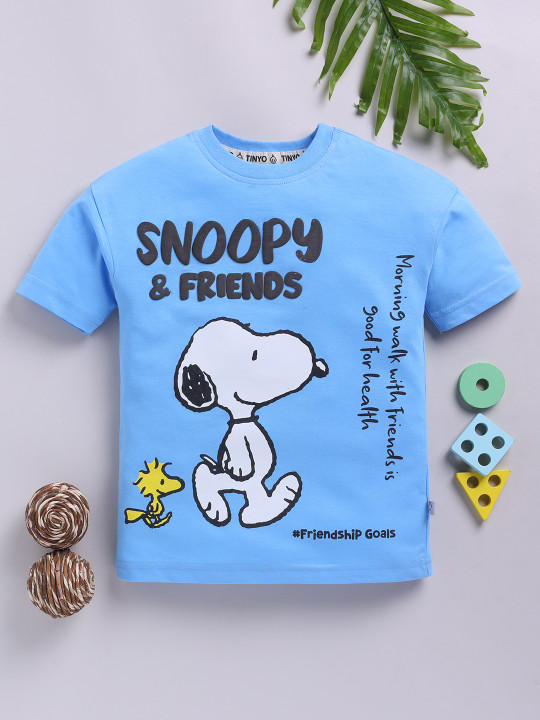 Tinyo Peanuts Printed Cotton T-Shirt For Boys (Blue & White, Pack Of 1)