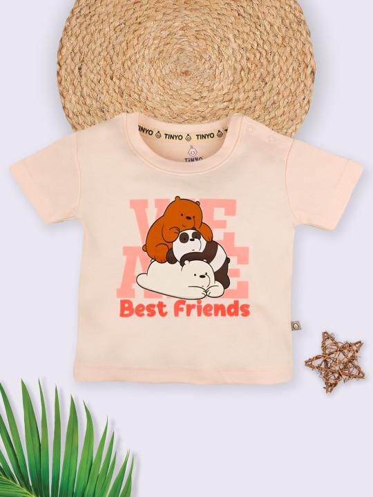 Tinyo We Bare Bears Printed Pure Cotton T-Shirt For Infant Boys (Peach, Pack Of 1)