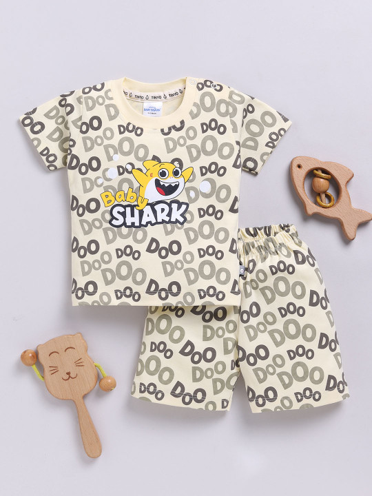 Tinyo Baby Shark Printed Pure Cotton T-Shirt & Shorts Set For Boys (Butter, Pack Of 1)