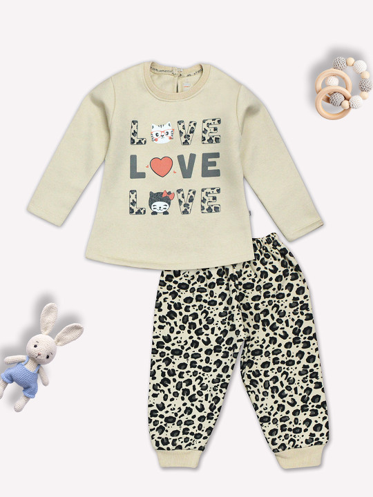 TINYO Infant Girls Printed Pure Cotton T-Shirt with Joggers Set (Beige & Black, Pack of 1)