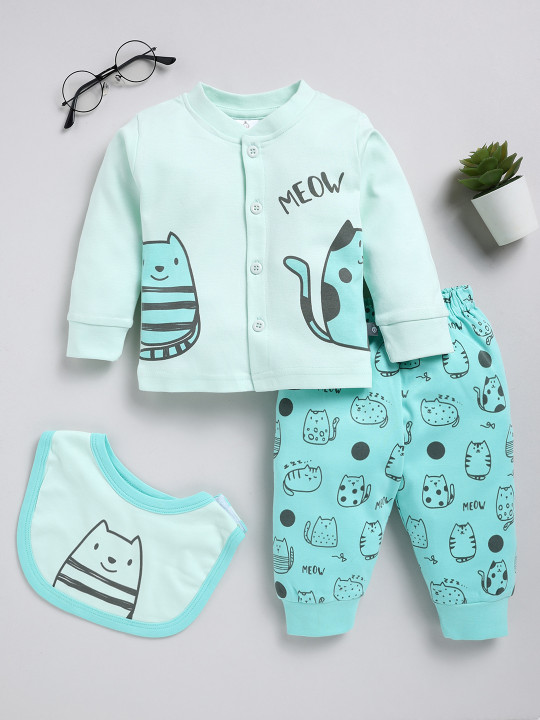 TINYO Infant Girls Printed T-Shirt & Joggers with Bib Set (Sea Green, Pack of 1)