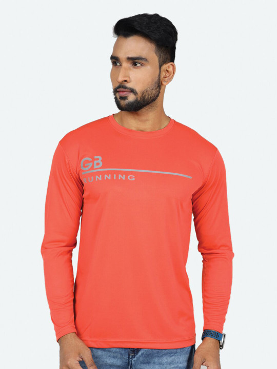 GAME BEGINS Men Typography Printed Long Sleeve Round Neck T-shirt (Peach & Grey, Pack of 1)