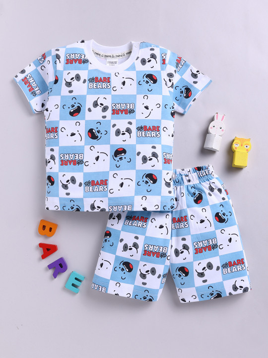 Tinyo We Bare Bears Printed Pure Cotton T-Shirt & Shorts Set For Infant Boys (Blue & White, Pack Of 1)