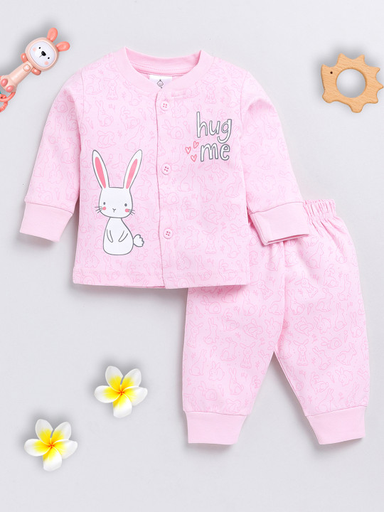 Tinyo Infant Girls Printed Cotton Blend T-Shirt & Joggers Set (Pink, Pack Of 1)