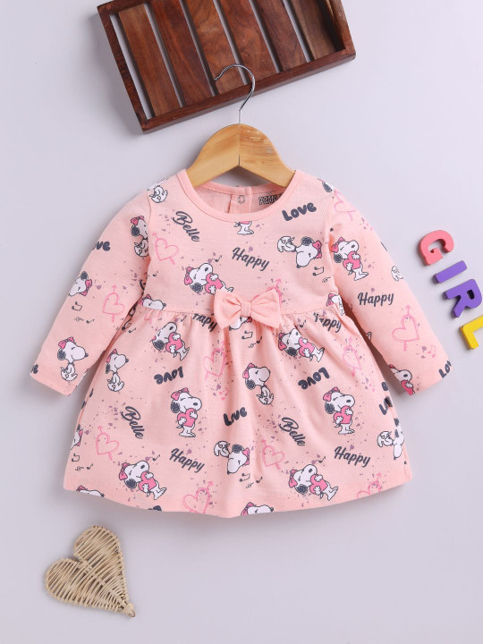 Tinyo Girls Peanuts Graphic Print A-Line Dress (Peach, Pack Of 1)