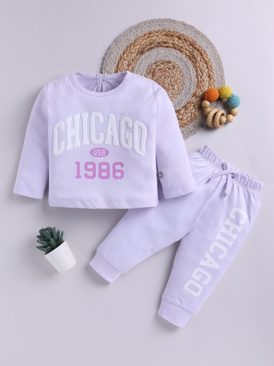 Tinyo Girls Printed Sweatshirt with Joggers (Lavender, Pack Of 1)