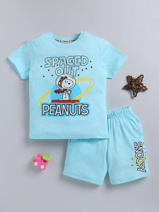Tinyo Peanut Printed Pure Cotton T-Shirt & Shorts Set For Boys (Blue & White, Pack Of 1)