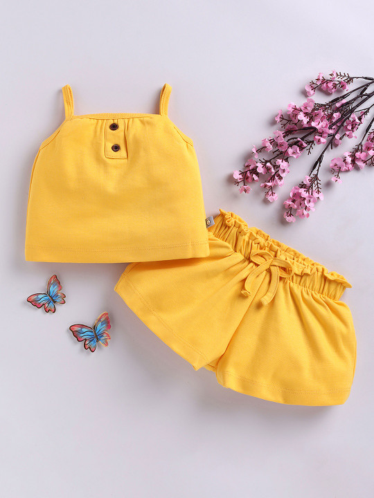 Tinyo Girls Solid Pure Cotton Shoulder Straps Top & Shorts Set (Yellow, Pack Of 1)