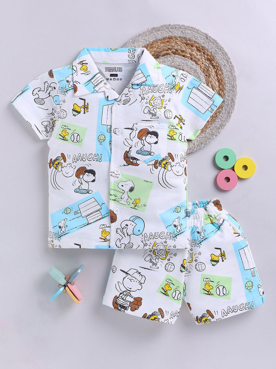 Tinyo Boys Peanuts Printed Pure Cotton Shirt & Shorts Set (White & Blue, Pack Of 1)