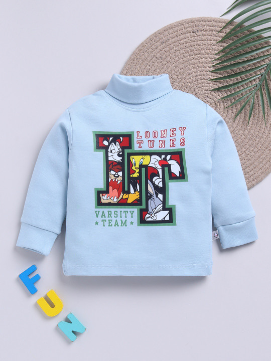 TINYO Infant Boys Looney Tunes Printed High Neck Pure Cotton T-Shirt (Blue, Pack of 1)