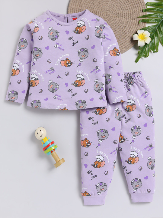 TINYO Infant Girls Tom & Jerry Printed Pure Cotton Clothing Set (Purple, Pack of 1)