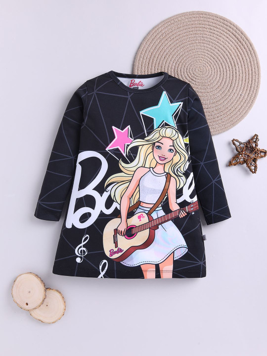 Tinyo Girls Barbie Printed Cotton T-Shirt (Black, Pack Of 1)
