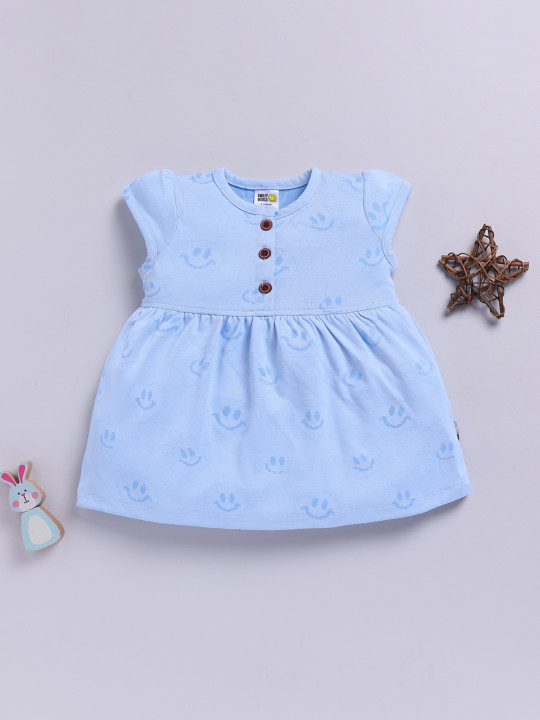 Tinyo Girls Printed Flutter Sleeve A-Line Cotton Blend Dress (Blue, Pack Of 1)