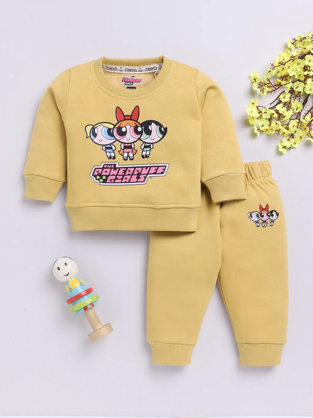 Tinyo Baby Girls Powerpuff Girls Fleece Printed Sweatshirt Sweatpant Set (YELLOW, Pack of 1)