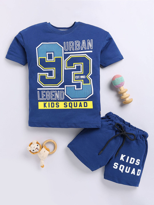 Tinyo Printed Cotton T-Shirt & Shorts Set For Boys (Blue, Pack Of 1)