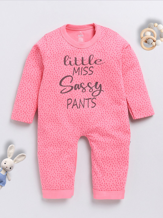 TINYO Infant Girls Typography Printed Pure Cotton Romper (Pink & Grey, Pack of 1)