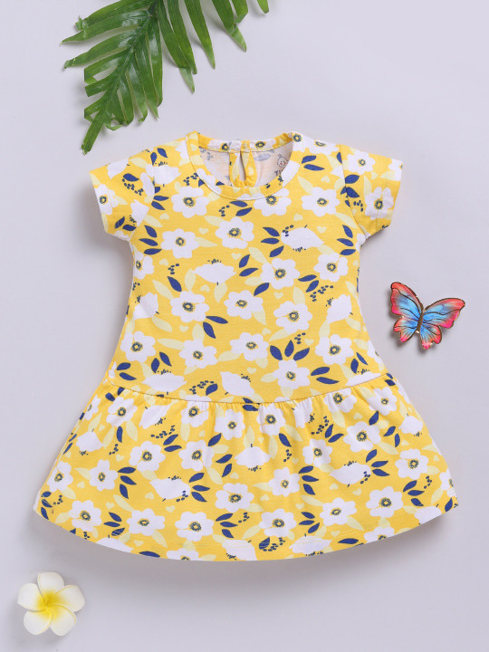 Tinyo Floral Printed Cotton Fit & Flare Dress For Infant Girls (Yellow, Pack Of 1)