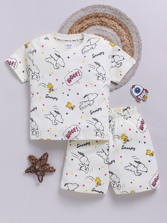 Tinyo Snoopy Printed Pure Cotton T-Shirt & Shorts Set For Infant Boys (Cream, Pack Of 1)