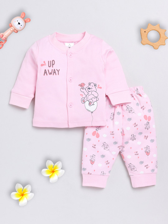 Tinyo Infant Girls Printed Cotton Blend T-Shirt & Joggers Set (Pink, Pack Of 1)