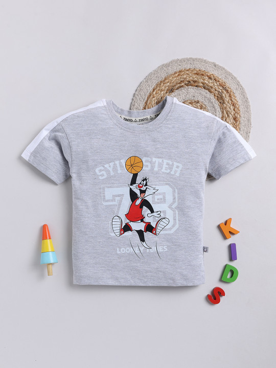 TINYO Boys Looney Tunes Printed Pure Cotton T-Shirt (Grey, Pack of 1)