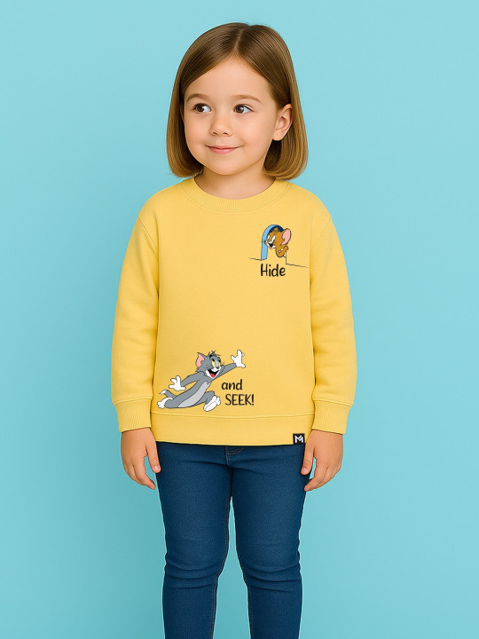 Minute Mirth Girls Tom & Jerry Fleece Printed Sweatshirt (Yellow, Pack Of 1)