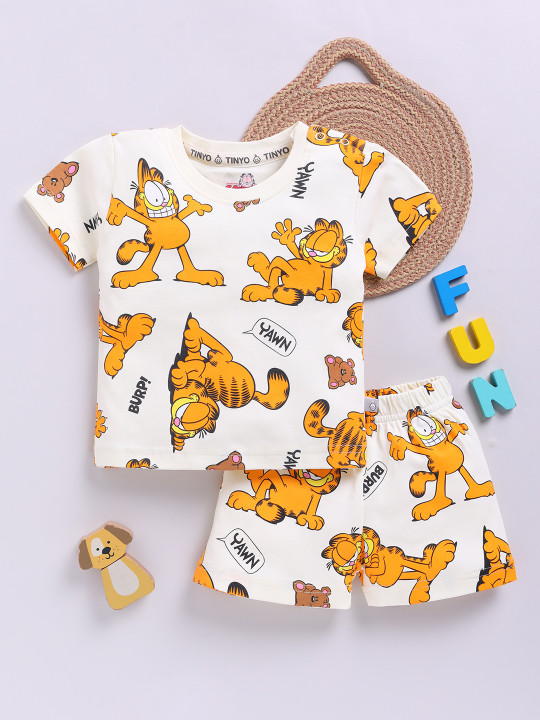 Tinyo Garfield Printed Pure Cotton T-Shirt & Shorts Set For Infant Boys (Cream, Pack Of 1)