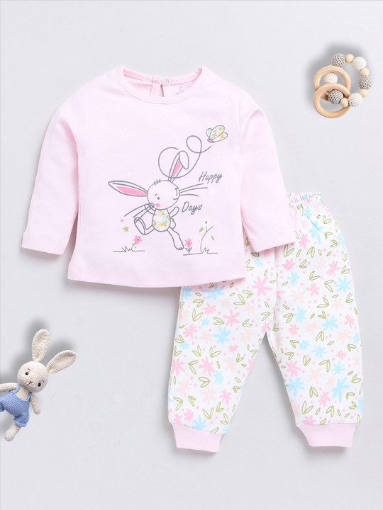 Tinyo Infant Girls Printed Pure Cotton T-Shirt & Joggers Set (Pink & Grey, Pack Of 1)