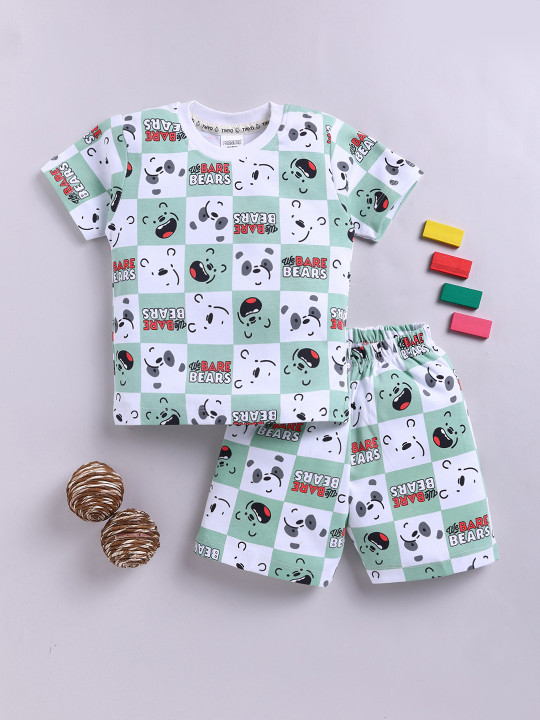 Tinyo We Bare Bears Printed Pure Cotton T-Shirt & Shorts Set For Infant Boys (Sage Green, Pack Of 1)