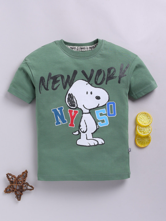 Tinyo Peanuts Printed Cotton T-Shirt For Boys (Olive Green & White, Pack Of 1)