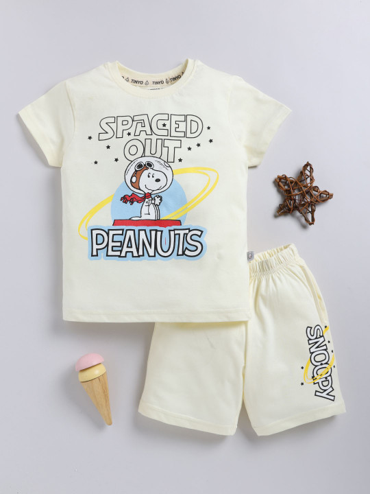 Tinyo Peanut Printed Pure Cotton T-Shirt & Shorts Set For Boys (Cream, Pack Of 1)