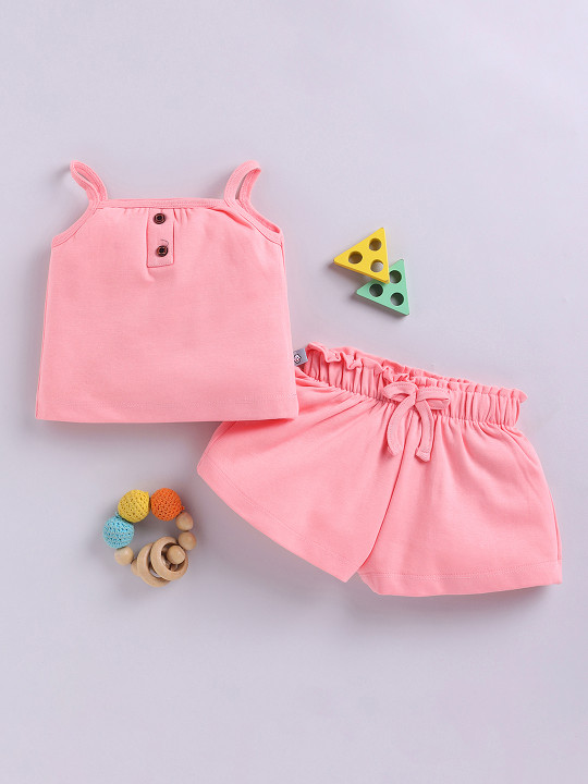 Tinyo Girls Solid Pure Cotton Shoulder Straps Top & Shorts Set (Peach, Pack Of 1)