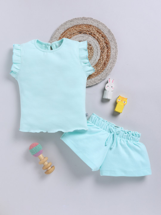 Tinyo Girls Ruffle Detail Back Button Pure Cotton Top & Shorts Set (Green, Pack Of 1)