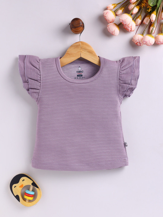 TINYO Girls Self Striped Flutter Sleeve Cotton Top (Purple, Pack of 1)