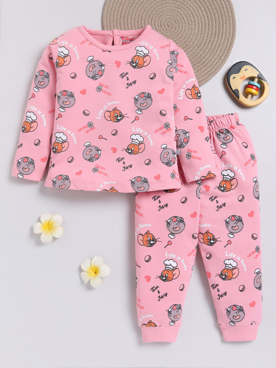 TINYO Infant Girls Tom & Jerry Printed Pure Cotton Clothing Set (Pink, Pack of 1)
