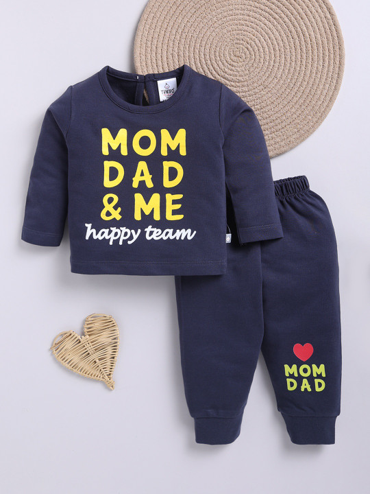 TINYO Infant Girls Typography Printed Pure Cotton T-Shirt with Joggers (Navy Blue, Pack of 1)