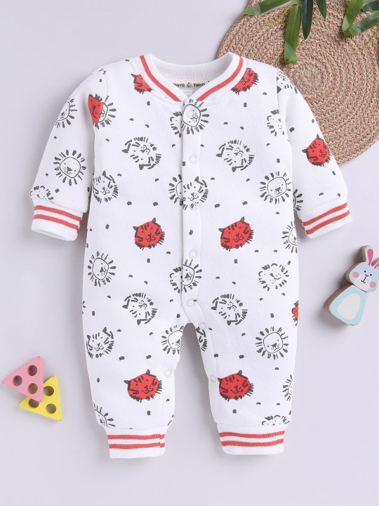 Tinyo Infant Girls Printed Round Neck Romper (White, Pack Of 1)